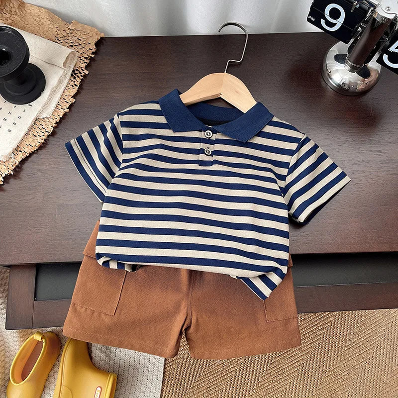 Kids Boys Striped Clothing Sets Baby T-Shirt Pants Toddler Casual Outfits Suits with navy striped polo and brown shorts