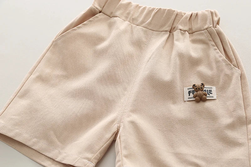 Kids Boys Summer Cotton Clothes Bear Print Tie Shirt Shorts 2PCS Toddler Set beige shorts with bear patch
