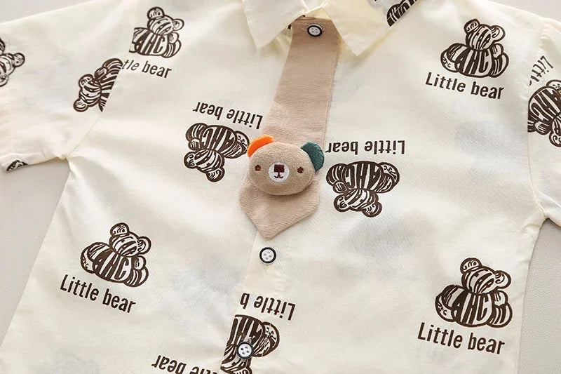 Kids Boys Summer Cotton Clothes Bear Print Tie Shirt Shorts 2PCS Toddler Set with cute brown bear design