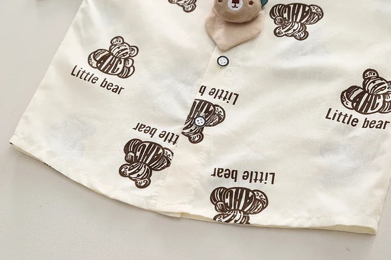 Kids Boys Summer Cotton Clothes Bear Print Tie Shirt Shorts 2PCS Toddler Set with brown bear illustrations on white fabric
