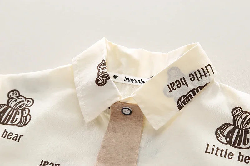 Kids Boys Summer Cotton Clothes Bear Print Tie Shirt Shorts 2PCS Toddler Set with brown bear design and beige tie