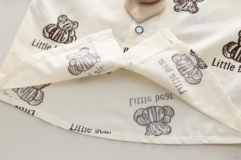 Kids Boys Summer Cotton Clothes Bear Print Tie Shirt Shorts 2PCS Toddler Set close-up of soft cotton fabric with bear print details