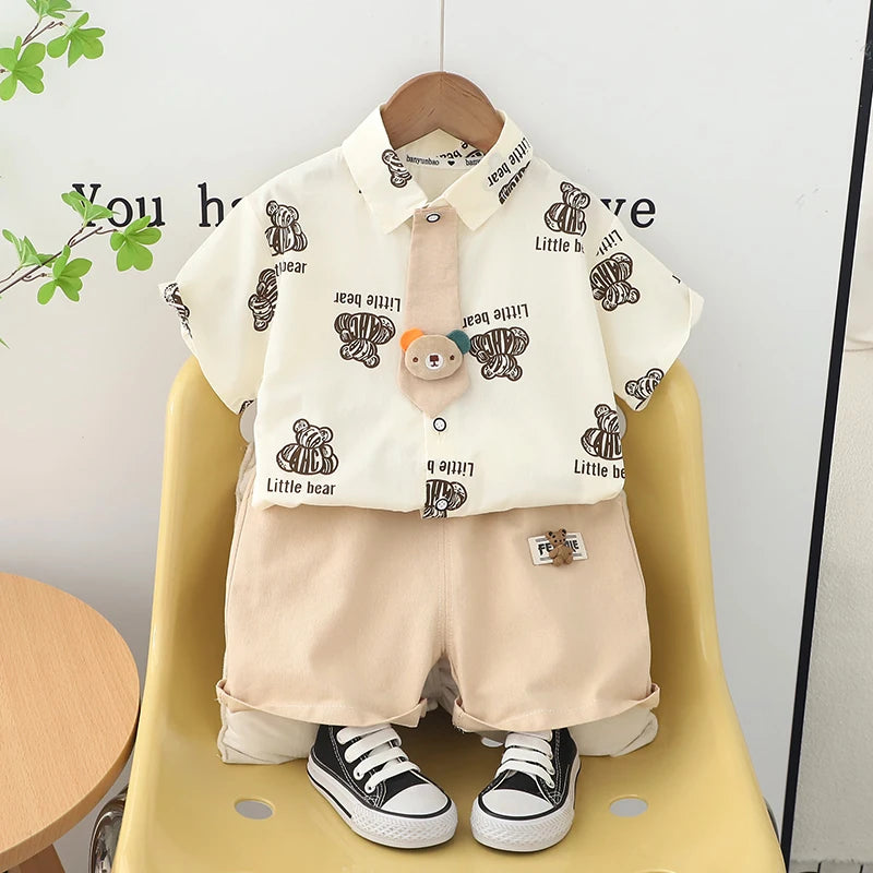 Kids Boys Summer Cotton Clothes Bear Print Tie Shirt Shorts 2PCS Toddler Set by Yamza Tots' Closet