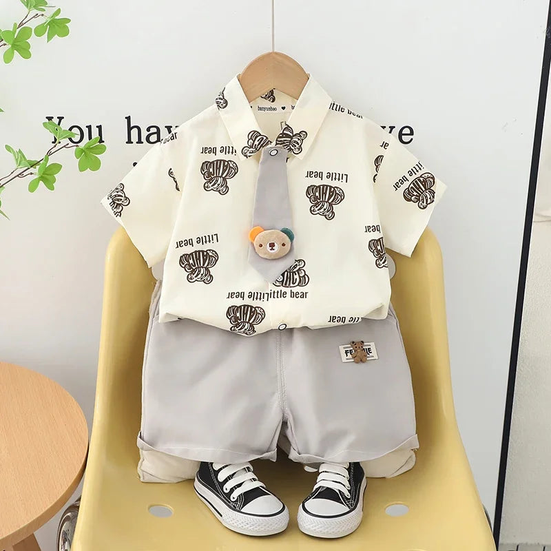 Kids Boys Summer Cotton Clothes Bear Print Tie Shirt Shorts 2PCS Toddler Set by Yamza Tots' Closet  