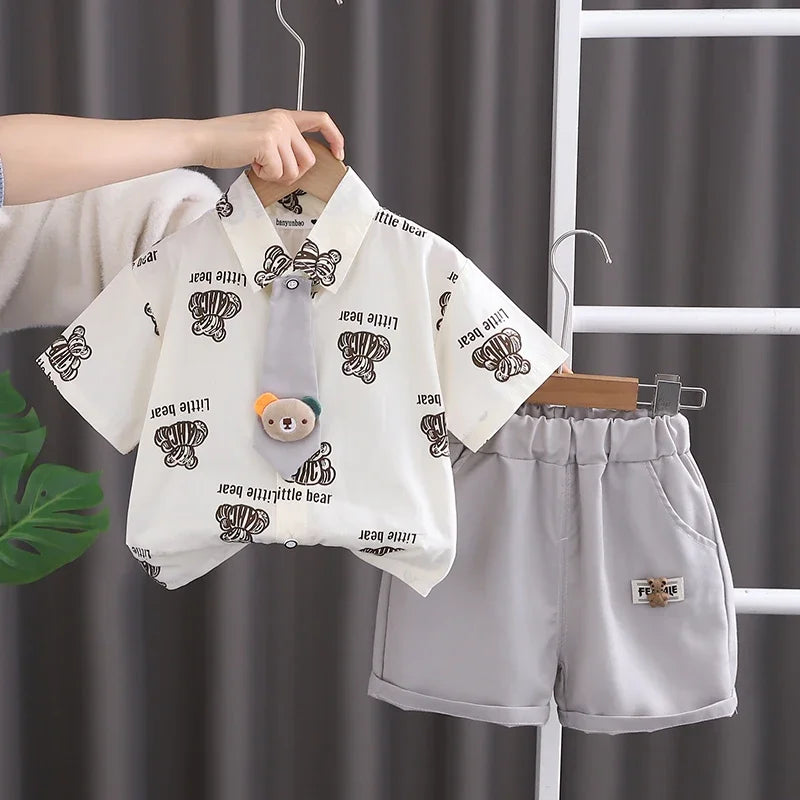 Kids Boys Summer Cotton Clothes Bear Print Tie Shirt Shorts 2PCS Toddler Set by Yamza Tots Closet