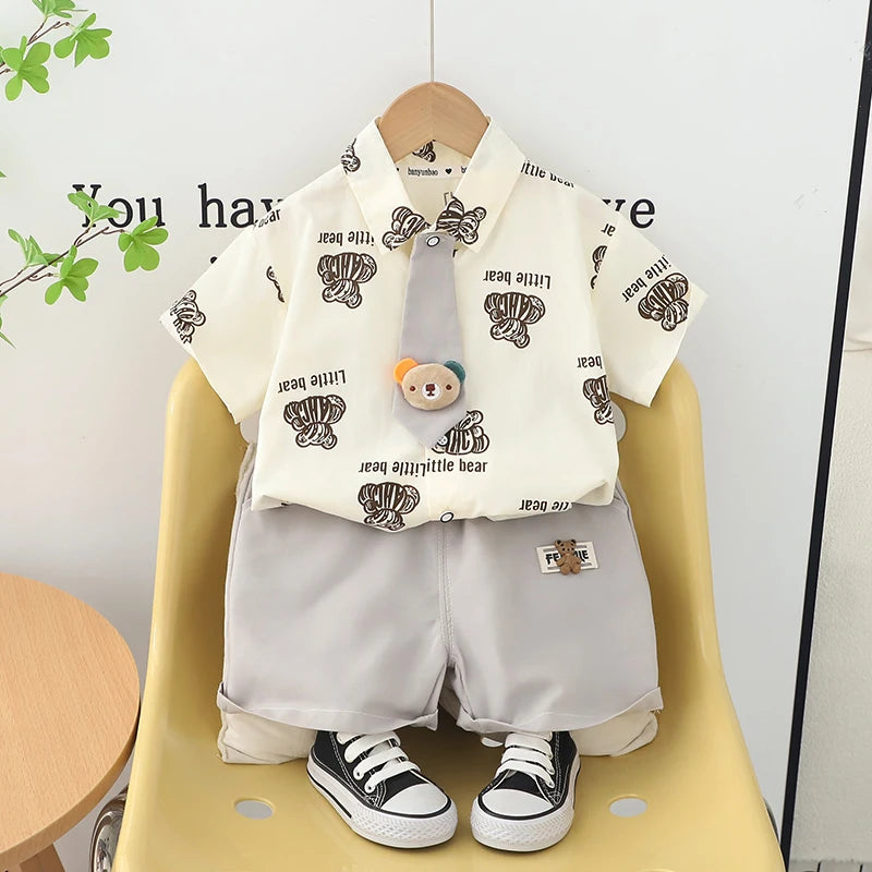 Kids boys summer cotton clothes bear print tie shirt shorts 2PCS toddler set in white and gray