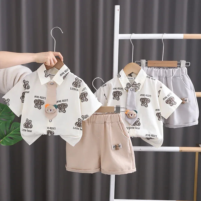 Kids Boys Summer Cotton Clothes Bear Print Tie Shirt Shorts 2PCS Toddler Set in beige and gray