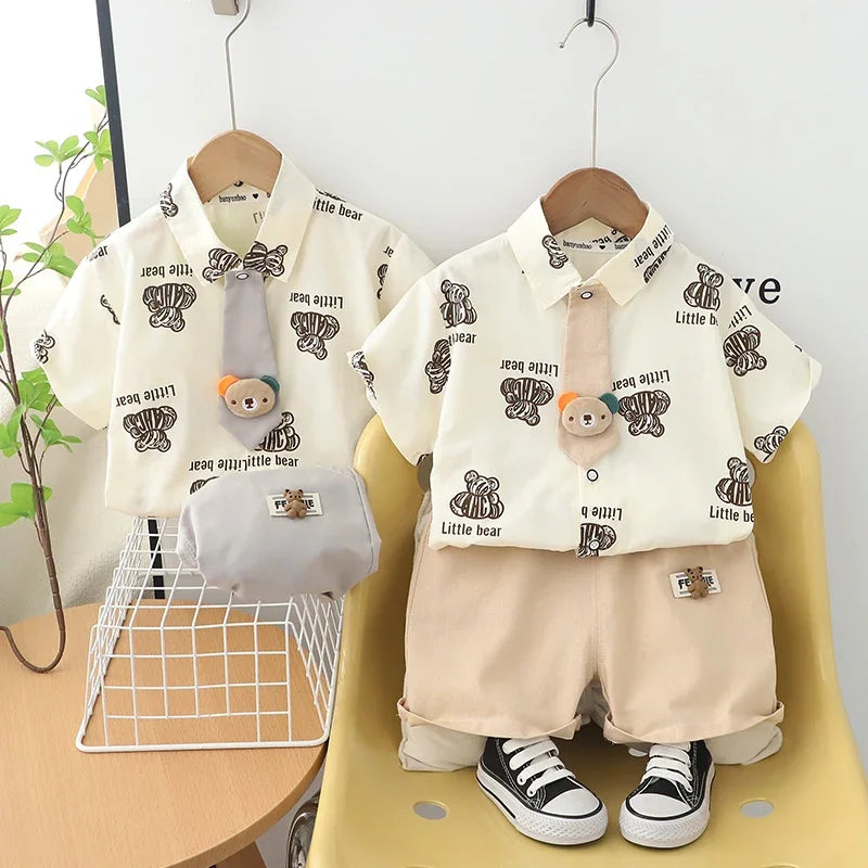 Kids Boys Summer Cotton Clothes Bear Print Tie Shirt Shorts 2PCS Toddler Set in beige and white by Yamza Tots' Closet