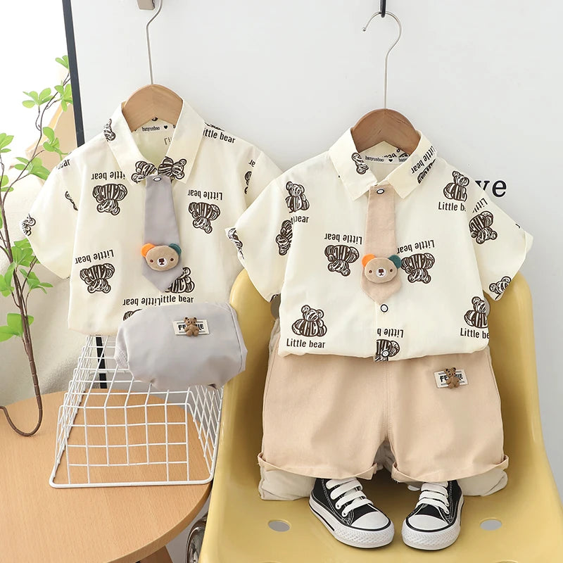 Kids Boys Summer Cotton Clothes Bear Print Tie Shirt Shorts 2PCS Toddler Set in cream and beige with teddy bear design