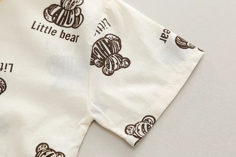 Kids Boys Summer Cotton Clothes Bear Print Tie Shirt Shorts 2PCS Toddler Set with white fabric and brown bear prints
