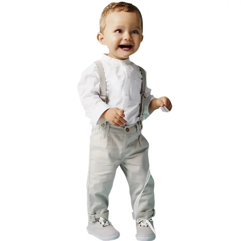 Kids Boys Summer Suit Set Toddler Shirt and Shorts Baby Formal Wedding Outfit with suspenders and white shoes
