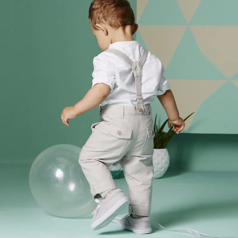 Toddler boy wearing Kids Boys Summer Suit Set Toddler Shirt and Shorts Baby Formal Wedding Outfit in light colors