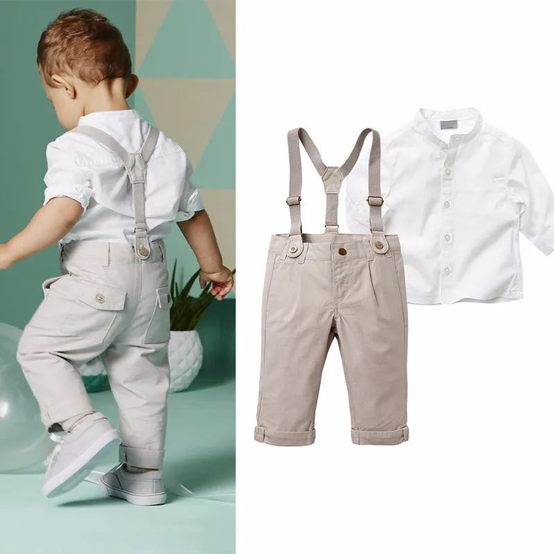 Kids Boys Summer Suit Set Toddler Shirt and Shorts Baby Formal Wedding Outfit in white and beige with suspenders 