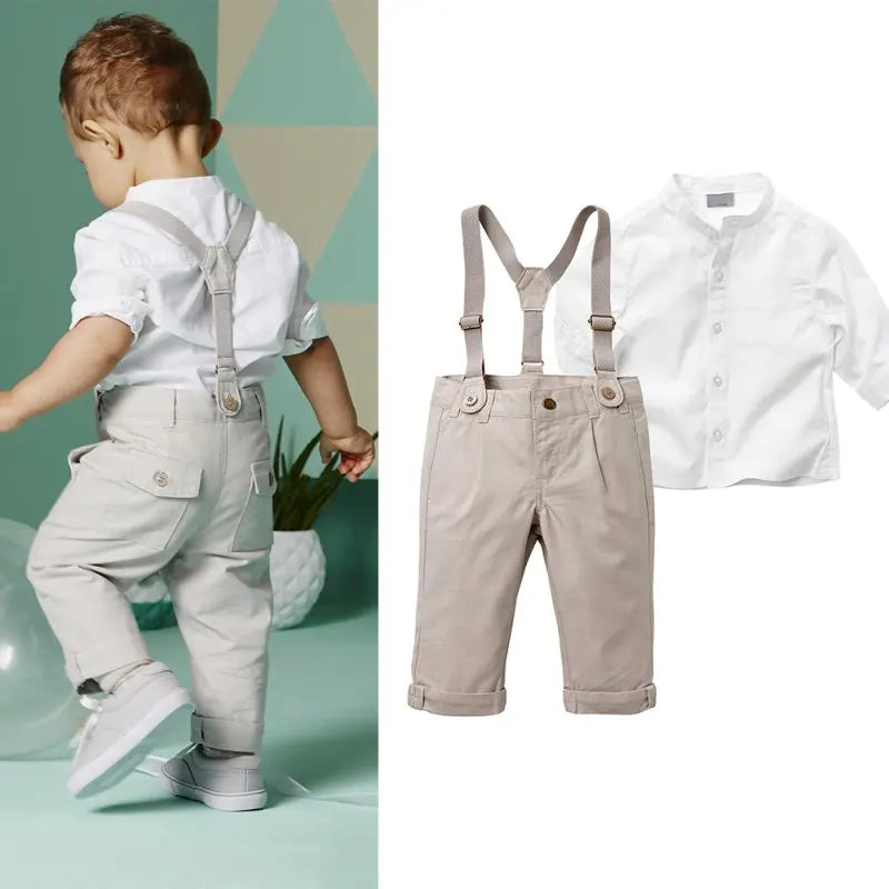 Kids Boys Summer Suit Set Toddler Shirt and Shorts Baby Formal Wedding Outfit with white shirt and beige suspenders pants