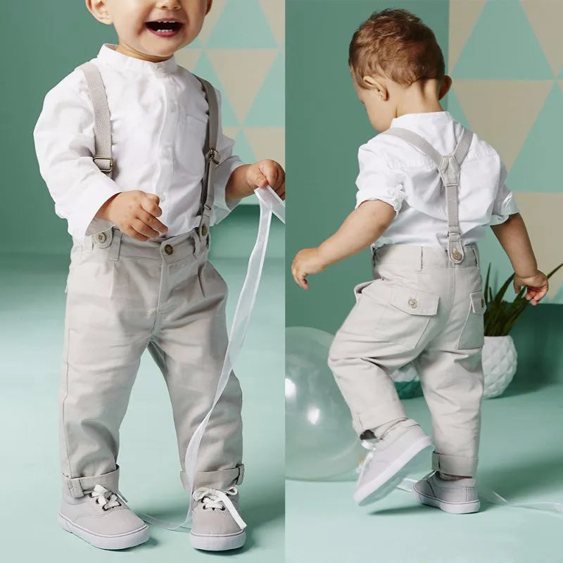 Kids Boys Summer Suit Set Toddler Shirt and Shorts Baby Formal Wedding Outfit by Yamza Tots Closet in beige with suspenders