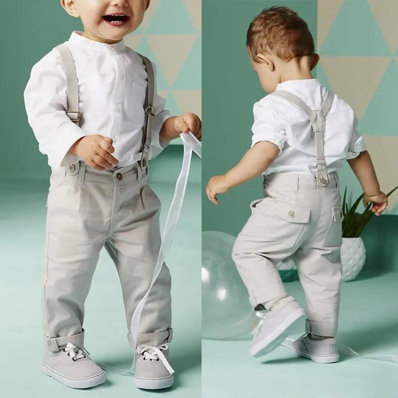 Kids Boys Summer Suit Set Toddler Shirt and Shorts Baby Formal Wedding Outfit in white and beige with suspenders