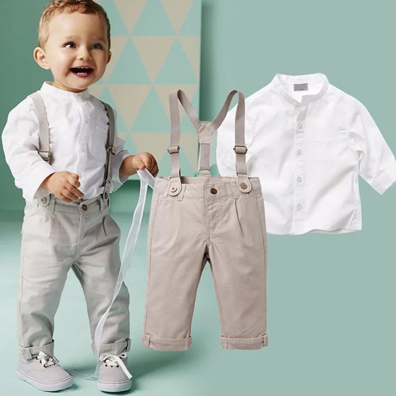 Kids Boys Summer Suit Set Toddler Shirt & Shorts Baby Formal Wedding Outfit with white shirt and beige pants with suspenders