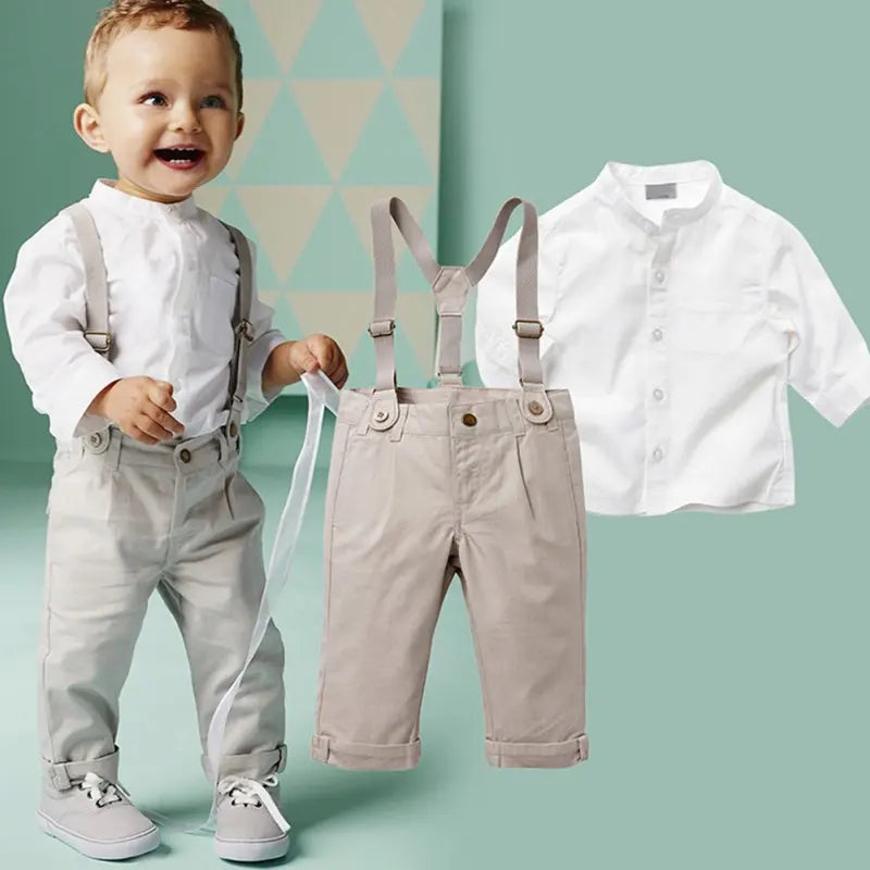 Kids Boys Summer Suit Set Toddler Shirt and Shorts Baby Formal Wedding Outfit with suspenders and white shirt  
