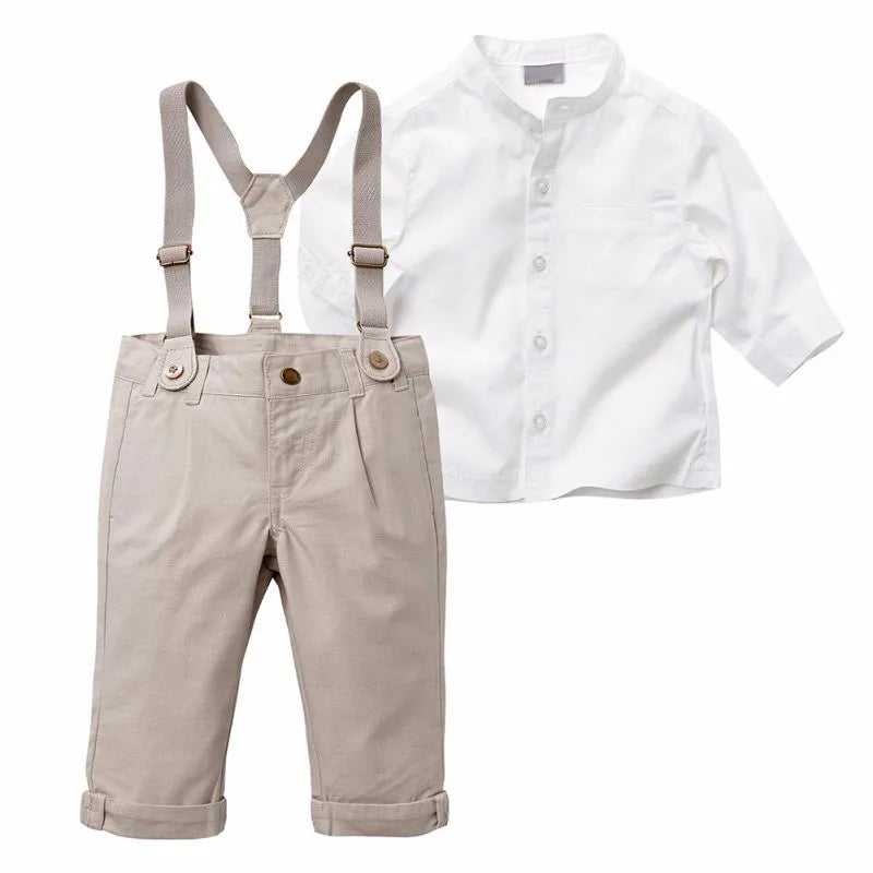 Kids Boys Summer Suit Set Toddler Shirt and Shorts Baby Formal Wedding Outfit in white and beige with suspenders  