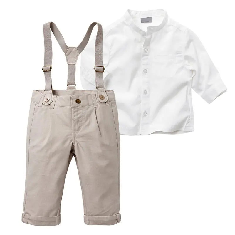 Kids Boys Summer Suit Set Toddler Shirt and Shorts Baby Formal Wedding Outfit with suspenders in beige and white