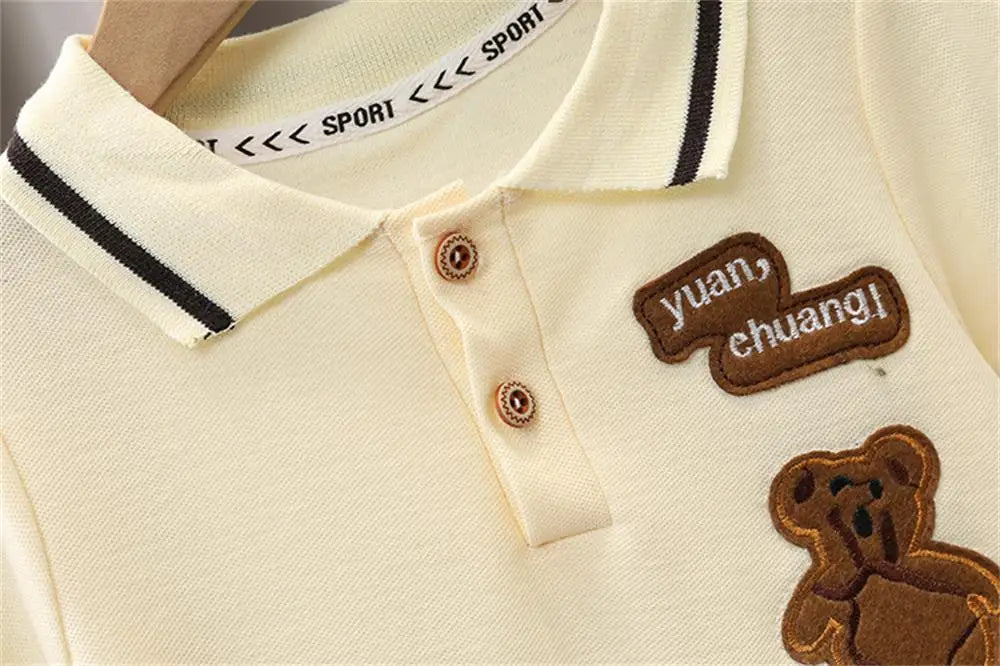 Kids Boys Summer Two-Piece Set New Baby Outfit Trendy Casual Fashion Clothing cream polo with teddy bear patch