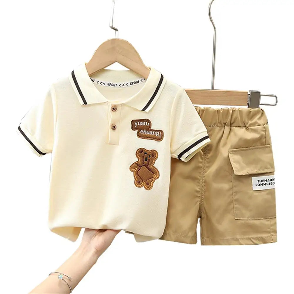 Kids Boys Summer Two-Piece Set New Baby Outfit Trendy Casual Fashion Clothing by Yamza Tots' Closet with beige shirt and khaki shorts