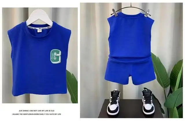 Kids Boys Summer Vest Set New Fashion Baby Net Red Clothes Two Piece Outfits in blue with sleeveless top and matching shorts