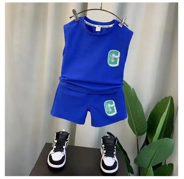 Kids Boys Summer Vest Set New Fashion Baby Net Red Clothes Two Piece Outfits in blue with green letter G design