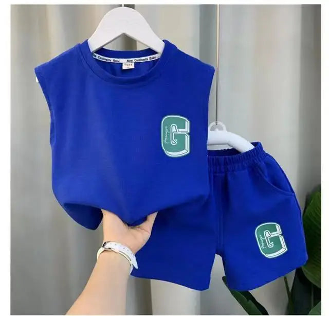 Kids Boys Summer Vest Set New Fashion Baby Net Red Clothes Two Piece Outfits in blue with green G logo by Yamza Tots Closet