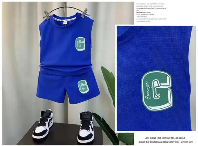 Kids Boys Summer Vest Set New Fashion Baby Net Red Clothes Two Piece Outfits in blue with letter G patches and matching shorts