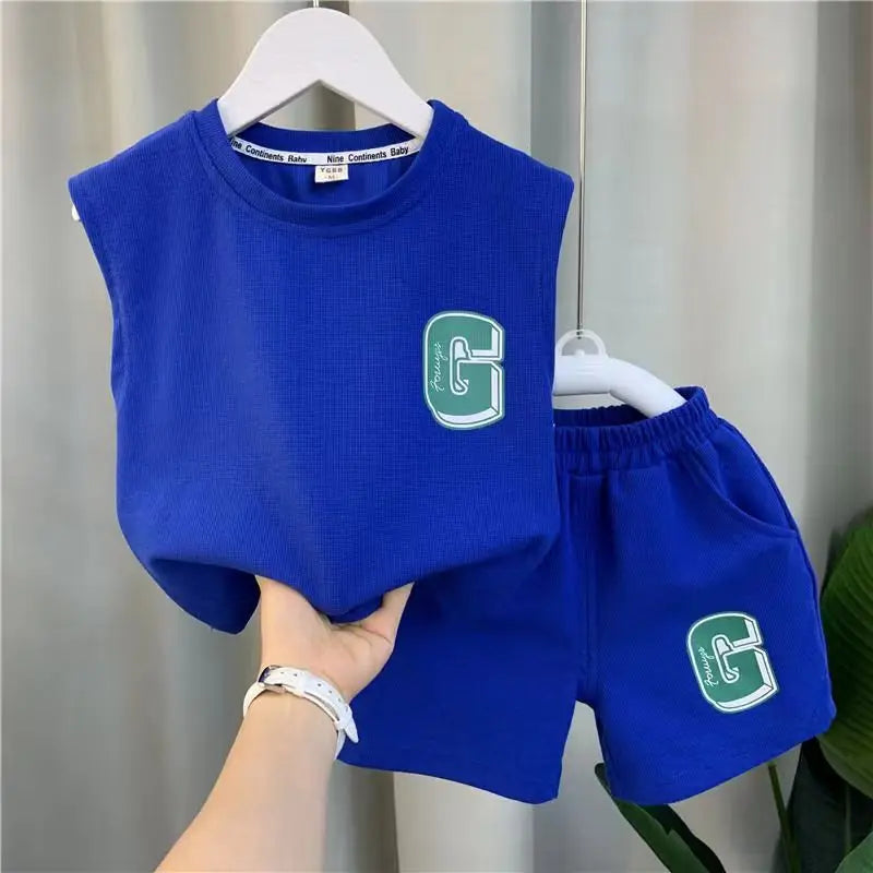 Kids Boys Summer Vest Set New Fashion Baby Net Red Clothes Two Piece Outfits in blue with green G logo