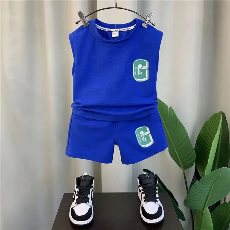 Kids Boys Summer Vest Set New Fashion Baby Net Red Clothes Two Piece Outfits in blue with shorts and matching top