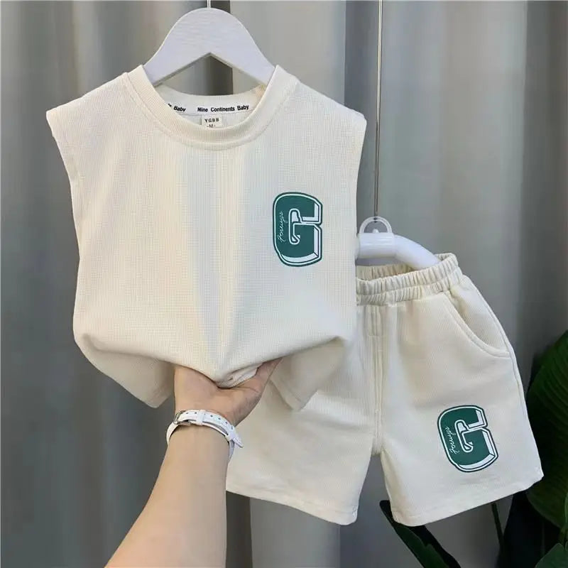 Kids Boys Summer Vest Set New Fashion Baby Net Red Clothes Two Piece Outfits in white with green G patch logo
