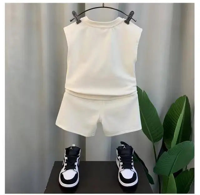 Kids Boys Summer Vest Set New Fashion Baby Net Red Clothes Two Piece Outfits in white with black and white sneakers