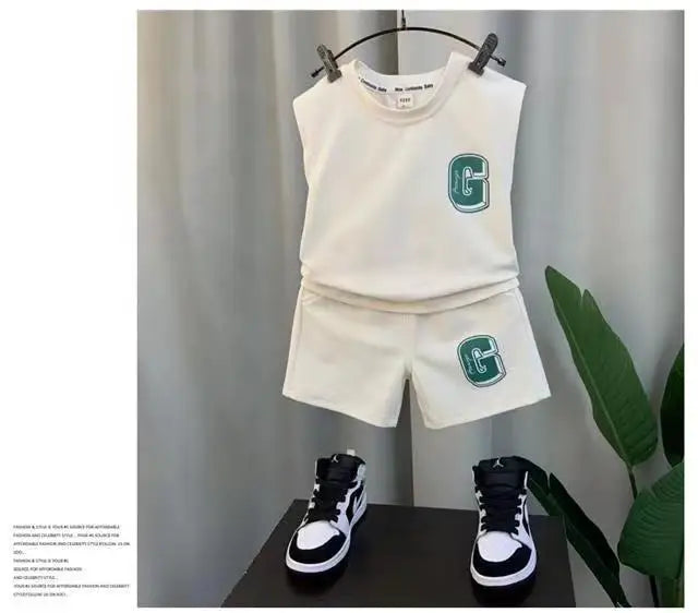Kids Boys Summer Vest Set New Fashion Baby Net Red Clothes Two Piece Outfits in white with green G logo and black white sneakers  