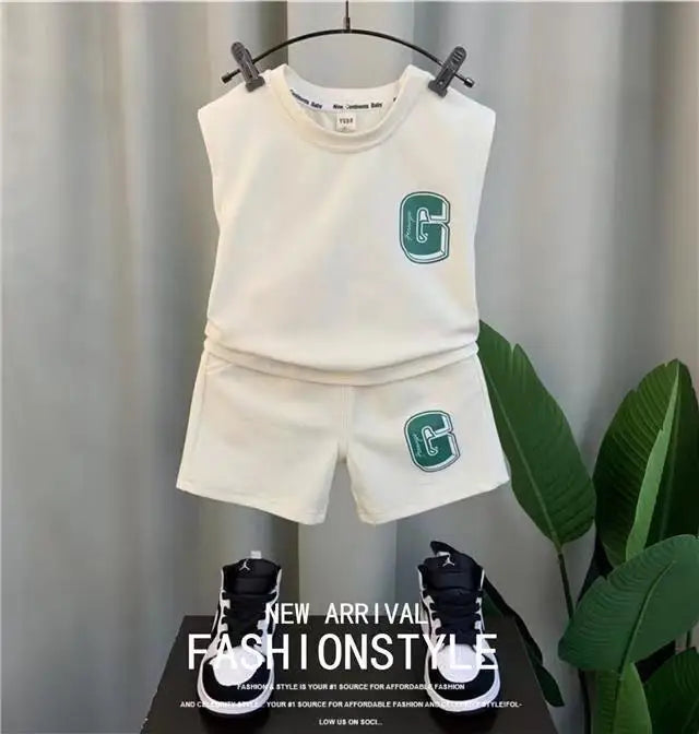 Kids Boys Summer Vest Set New Fashion Baby Net Red Clothes Two Piece Outfits in white with green G logo