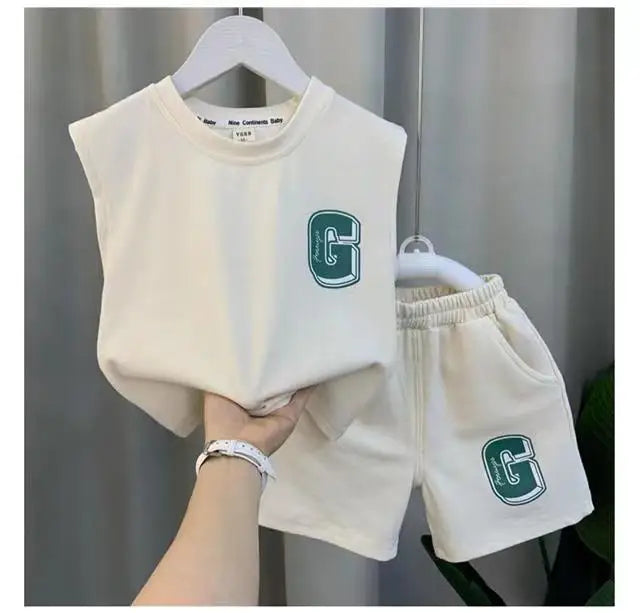 Kids Boys Summer Vest Set New Fashion Baby Net Red Clothes Two Piece Outfits in beige with green G logo