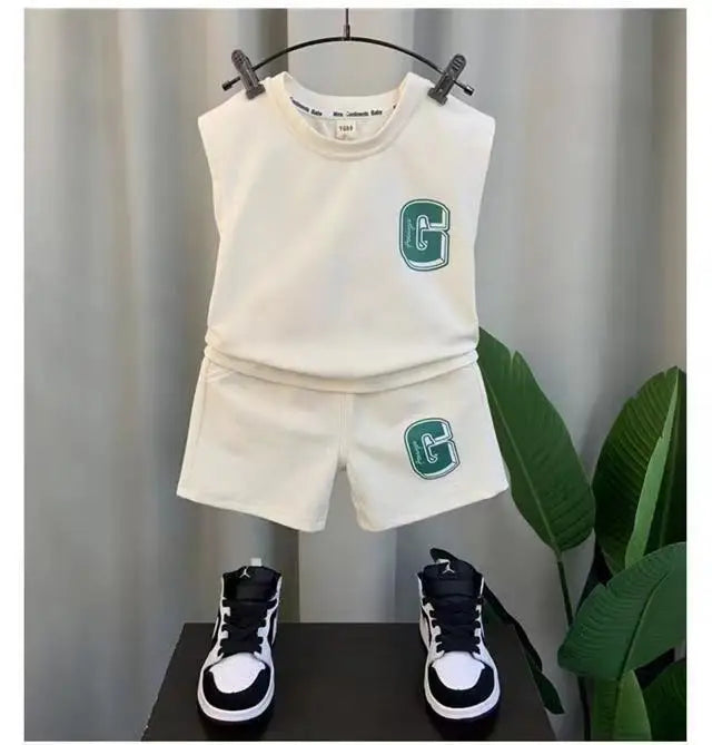 Kids Boys Summer Vest Set New Fashion Baby Net Red Clothes Two Piece Outfits in white with green letter G and black white sneakers