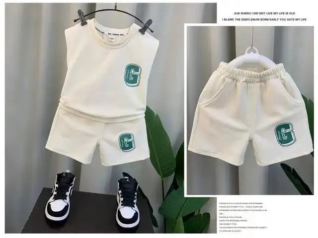 Kids Boys Summer Vest Set New Fashion Baby Net Red Clothes Two Piece Outfits in white with green letter G design