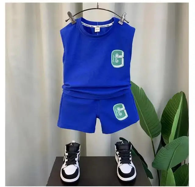 Kids Boys Summer Vest Set New Fashion Baby Net Red Clothes Two Piece Outfits in blue with G logo and matching shorts
