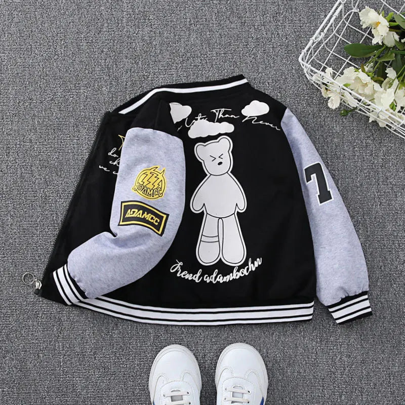 Kids Cartoon Bear Pattern Windbreaker Coat Fashionable Spring Autumn Outerwear with black and gray sleeves