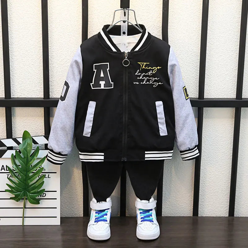 Kids Cartoon Bear Pattern Windbreaker Coat Fashionable Spring Autumn Outerwear with black and gray sleeves and letter patches