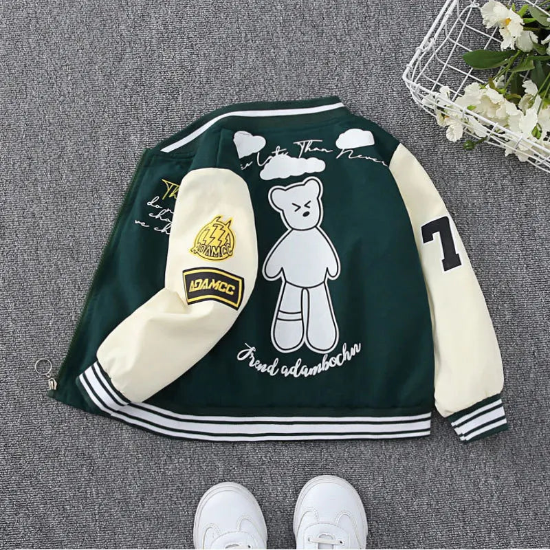 Kids Cartoon Bear Pattern Windbreaker Coat Fashionable Spring Autumn Outerwear in green and white with bear graphic