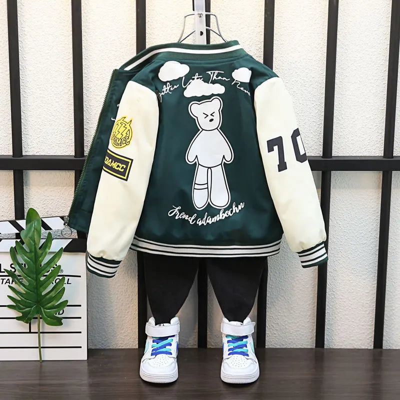 Kids Cartoon Bear Pattern Windbreaker Coat Fashionable Spring Autumn Outerwear by Yamza Tots' Closet in green and white