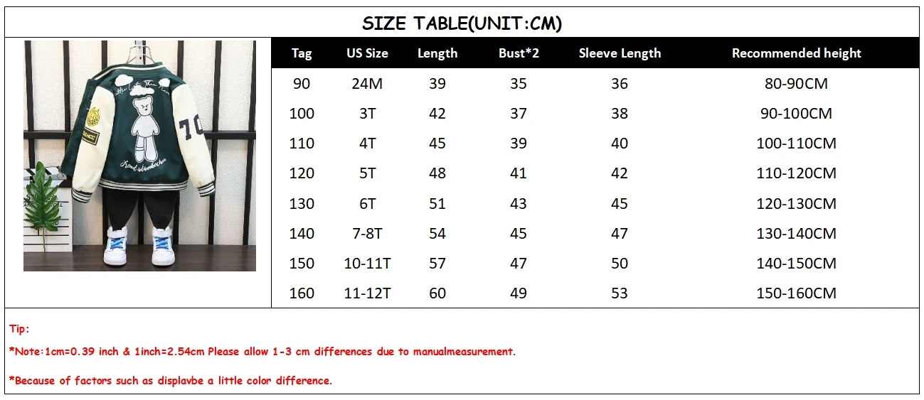 Size chart for Kids Cartoon Bear Pattern Windbreaker Coat Fashionable Spring Autumn Outerwear by Yamza Tots Closet
