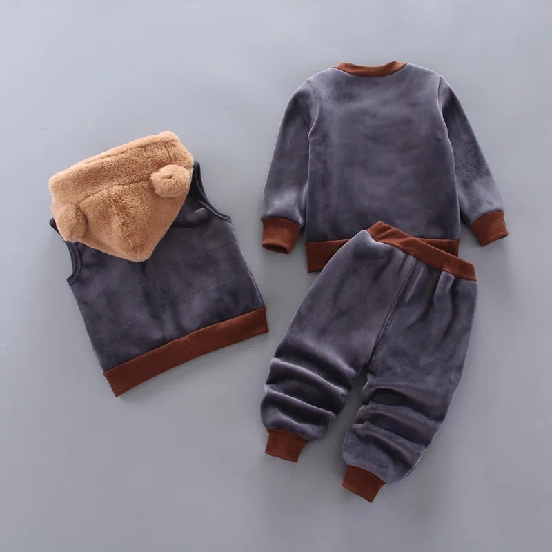 Kids Cartoon Clothing Sets Winter Autumn Boys Girls Cotton Warm Hooded Sweater in gray with brown cuffs and plush hood