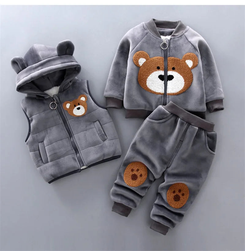 Kids Cartoon Clothing Sets Winter Autumn Boys Girls Cotton Warm Hooded Sweater gray bear design three-piece outfit
