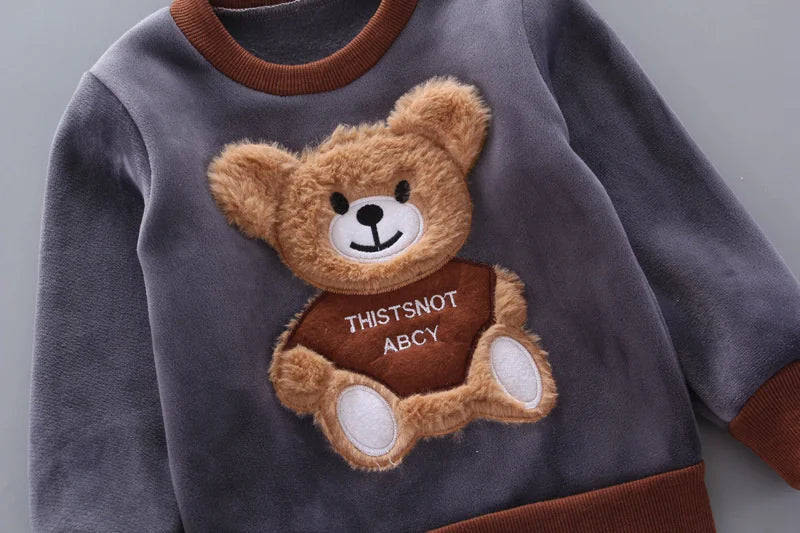 Kids Cartoon Clothing Sets Winter Autumn Boys Girls Cotton Warm Hooded Sweater with plush teddy bear design