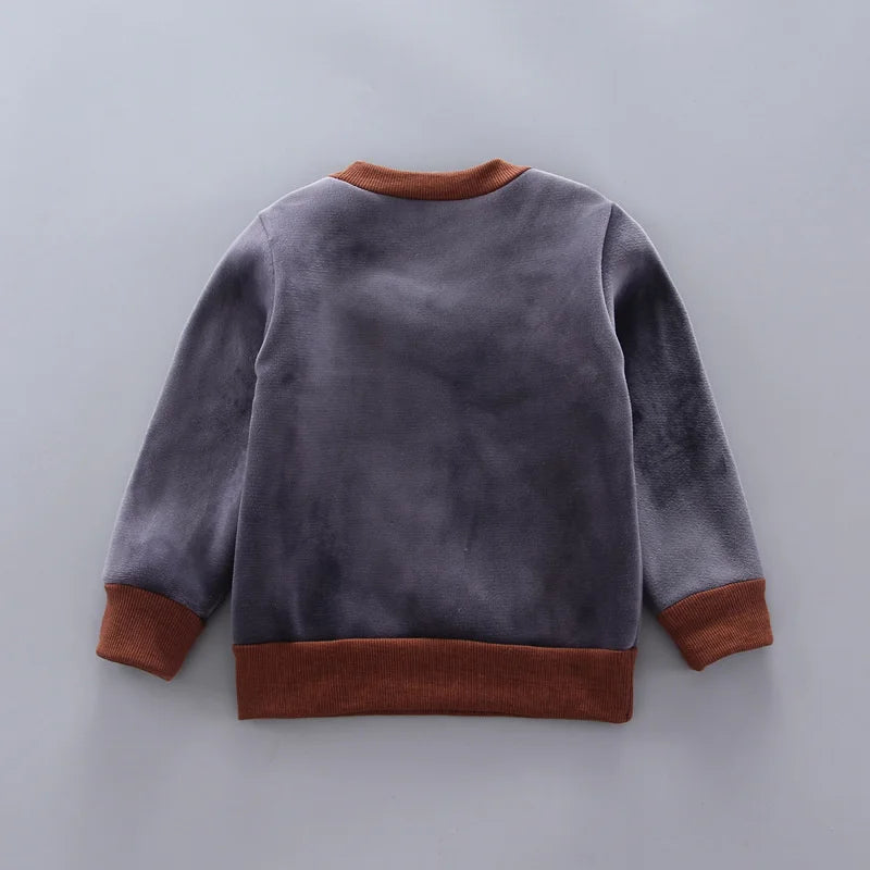 Kids Cartoon Clothing Sets Winter Autumn Boys Girls Cotton Warm Hooded Sweater in gray with brown cuffs and collar