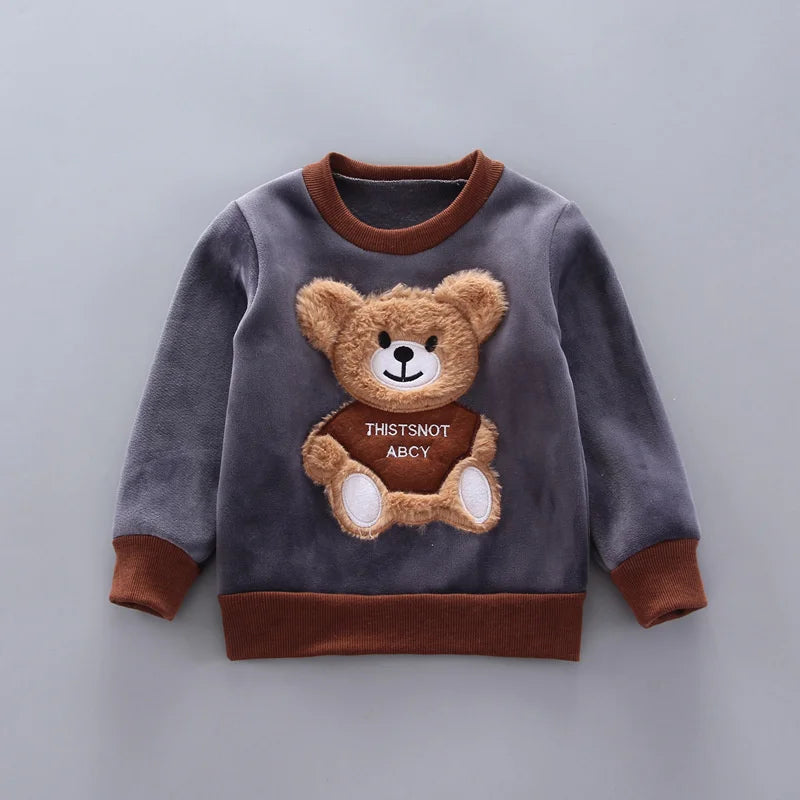 Kids Cartoon Clothing Sets Winter Autumn Boys Girls Cotton Warm Hooded Sweater with teddy bear design in gray and brown